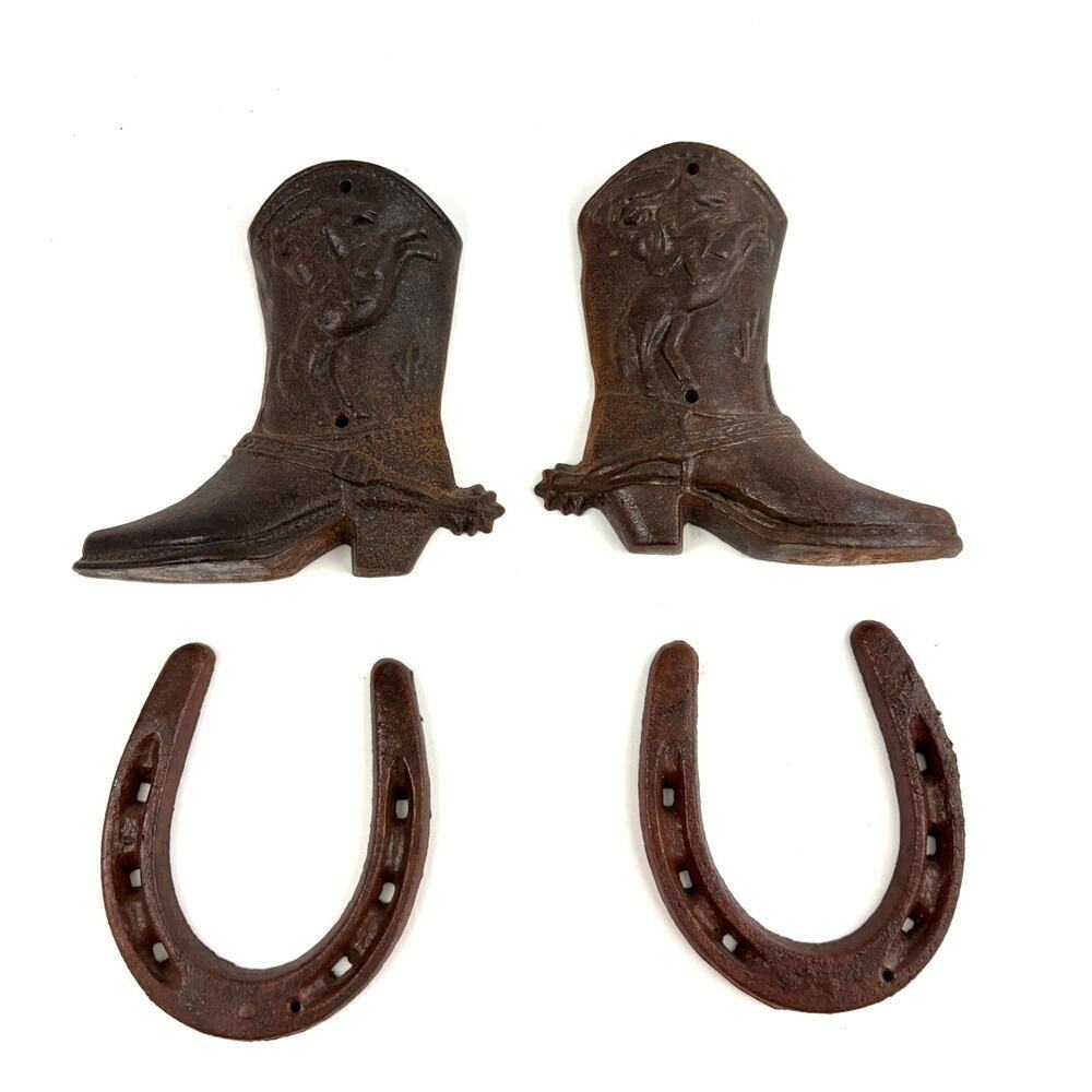 VTG Lot of 4 Rustic Cast Iron‎ Cowboy Boot and Horseshoe Western Wall Decor